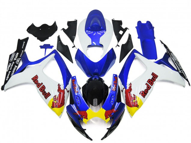 Weiß & Blau Rot Bull Custom 2006-2007 Suzuki GSXR 600-750 Motorrad Verkleidung Weiß & Blau Rot Bull Custom 2006-2007 Suzuki GSXR 600-750 Motorrad Verkleidung